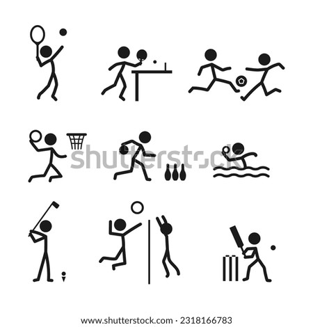 Ball sports icon pictogram vector set. Stick figure men sport players vector icon sign symbol pictogram. Tennis, soccer, basketball, bowling, water polo, golf, volleyball, hockey