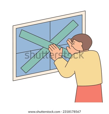 Rainy Day. A woman is putting tape on her windows in case of a typhoon. Simple illustration with outlines. Royalty-Free Stock Photo #2318178567