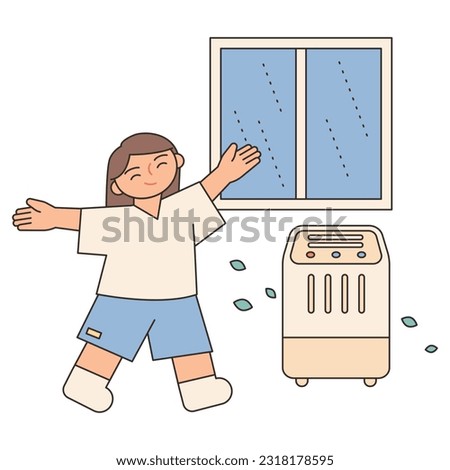 Rainy Day. A girl is having fun next to a dehumidifier on a rainy day. Simple illustration with outlines.