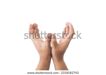 Close-up man's raised hands concept. Open outstretched hand, Volunteering charity, votes, support, hope and peace, extended in greeting copy space isolated on white background. Space for text.