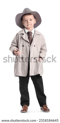 Cute little detective with retro clock on white background