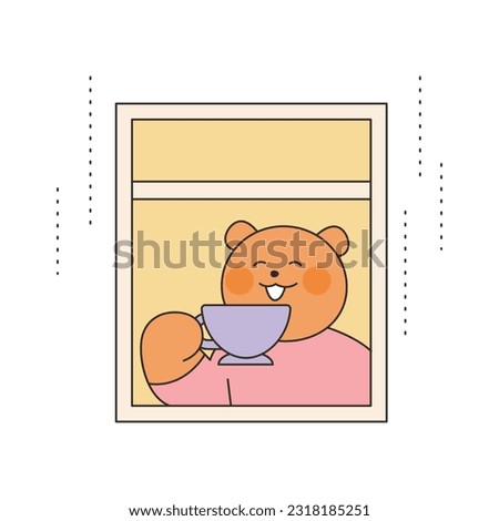 Rainy Day. The bear is drinking tea and watching the rain outside the window. Simple illustration with outlines.