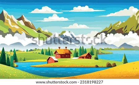 Vector illustration of a house in a rural area surrounded by panoramic meadows, mountains, and idyllic countryside