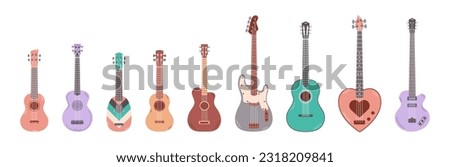 Collection of different guitars isolated on white background. String musical instruments. Acoustic, bass and electric guitars.