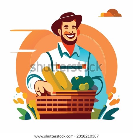Farming and agriculture concept. Smiling male farmer or gardener in uniform holds basket of ripe vegetables and fruits. Work and harvest. 