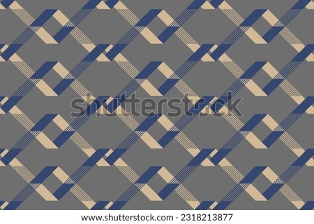 Geometric abstract seamless pattern with simple shapes and lines in light cream and blue on gray background. 3D illusion effect pattern,op art, for masculine male shirt sportswear casual cover textile Royalty-Free Stock Photo #2318213877