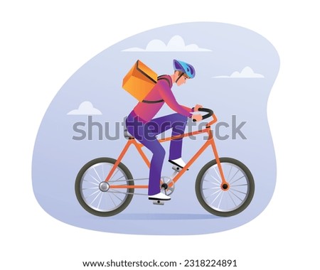 Cartoon character working as courier and delivering parcels. Safe and express delivery service to home or office using bike. Vector flat style illustration on white background