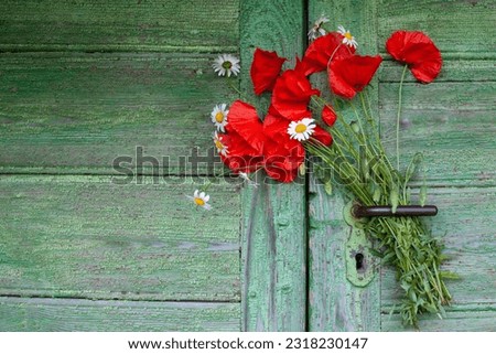 A bouquet of wild flowers is placed behind a doorknob in a vintage old green door Royalty-Free Stock Photo #2318230147
