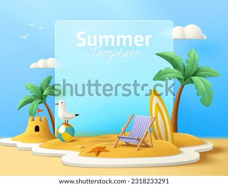 Summer poster template with glassmorphism board on sand surrounded by beach chair, starfish, seashell, surfboard, seagull on beach ball, palm tree and sand castle