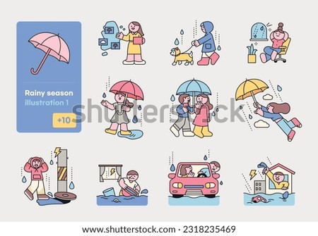 Rain day. Street people with umbrellas and natural disasters. A cute and simple illustration with a thick outline. Royalty-Free Stock Photo #2318235469