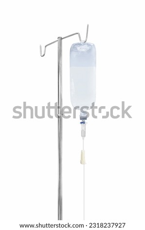 saline bag hanging on stainless pole isolated on white background Royalty-Free Stock Photo #2318237927
