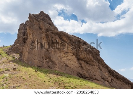 Alamut Castle view in the Alamut mountain in Iran. Alamut was a mountain fortress located in Alamut region in the South Caspian province of Daylam near the Rudbar region in Iran