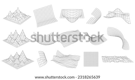3D Glitch rectangle plane set. Distorted perspective grid collection. Abstract Wavy futuristic design elements. Ripple wireframes net. Vector geometric line mesh, square structure grid Royalty-Free Stock Photo #2318265639