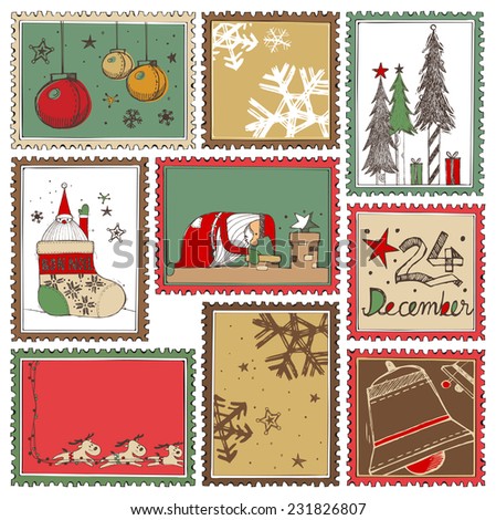 Hand drawn Christmas stamps collection A