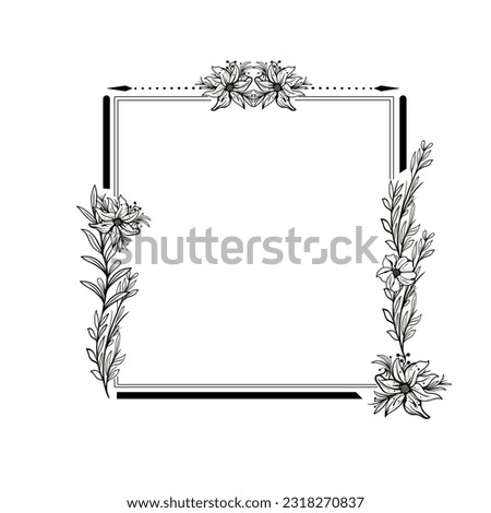 Botanical circle frame. Hand drawn round line border, leaves and flowers, wedding invitation and cards, logo design and posters template