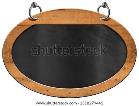 Old blank blackboard with wooden oval frame (ellipse shape) and steel rings for hanging. Isolated on white background and copy space, template.