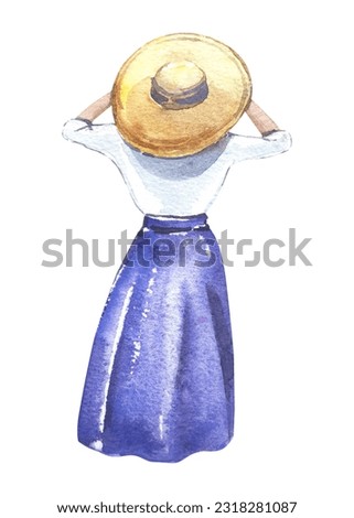 Clip art  with  provence lavender fields, girl, woman, floral elements. Stock illustration on a white background. Hand painted in watercolor.
