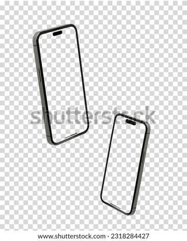 Mockup smart phone 15 with blank screen and modern frameless design in two rotated perspective positions - isolated on white background - Clipping Path Royalty-Free Stock Photo #2318284427