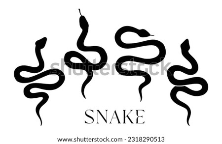 Celestial Snake Linocut Vector Icon Set. Mystic Floral Snake Silhouette Isolated on White Background. Boho and Magic Witchy Python Clipart, Occult Symbol Illustration. Black Gothic Print for T Shirt