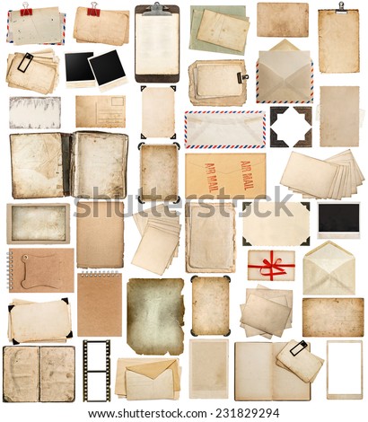 aged paper, books, pages and old postcards isolated on white background. vintage photo frames and corners