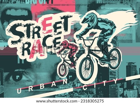Vector banner or flyer with cyclists on the bikes and words Street race. Extreme sport on the urban background. Poster for street race, bicycle club, extreme sports in modern style Royalty-Free Stock Photo #2318305275