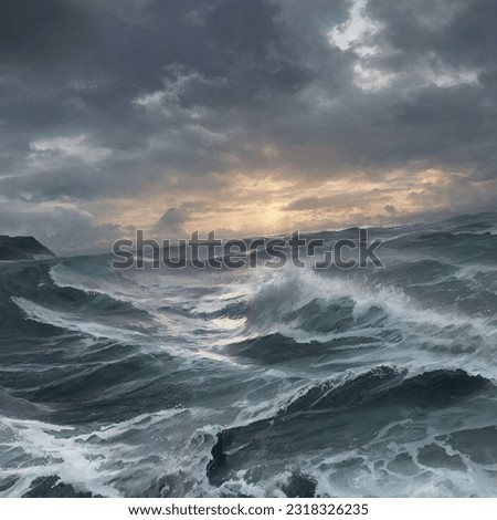 sea ​​with raging waves, sunset sky, stormy sky, deep sea, winning photo of the year 2023, dark deep sea, strong waves