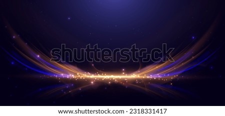 Abstract technology futuristic glowing neon blue and gold light ray curved on dark blue background with lighting effect. Vector illustration