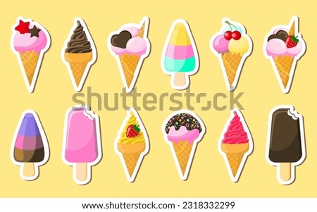 Collection of ice-cream stickers. Waffle cone, ice cream scoop. A set of delicious, bright ice cream. Frozen dessert, summer candies, vanilla ice cream. Cold ice cream, sweet food logo Royalty-Free Stock Photo #2318332299