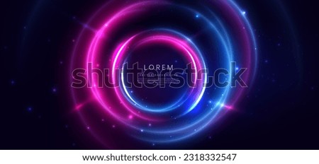 Abstract technology futuristic circles neon glowing blue and pink light lines with speed motion blur effect on dark blue background. Vector illustration