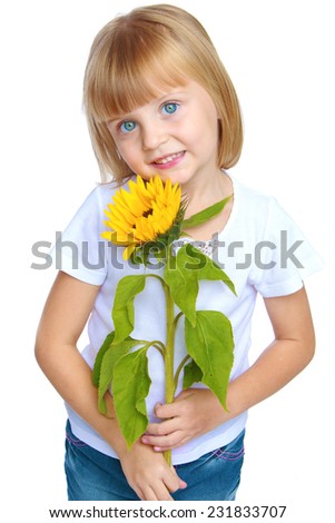 little girl holding a sunflower.Isolated on white background.
