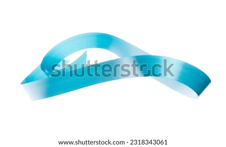 Blue ribbon long straight fly in air with curve roll shiny. Blue ribbon for present gift birthday party to wrap around decorate and make of textile cloth long straight. White background isolated