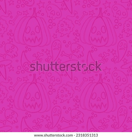 Halloween cartoon seamless pumpkins and witch hat and ghost and bones and skulls pattern for wrapping paper and fabrics and linens and kids clothes print and festive packaging and autumn accessories 