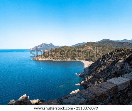 Beautiful Summer Aerial View of Porto City Corsica Beaches with Azure Sea Water, Scenery from Porto Corsica Island, France | High Quality Royalty-Free Stock Photo #2318376079