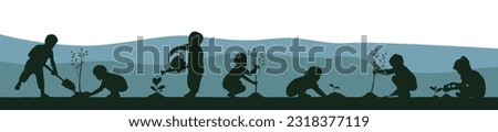 Children planting tree silhouette illustration