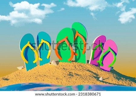 Artwork collage image of diversity different colors beach flip flop shoes sand ocean sea beach isolated on clouds sky background