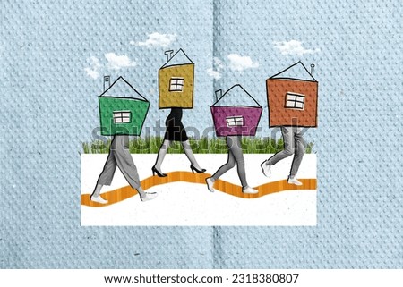 Composite design artwork collage kid drawn apartments people headless cartoon residential quarter houses isolated on blue background