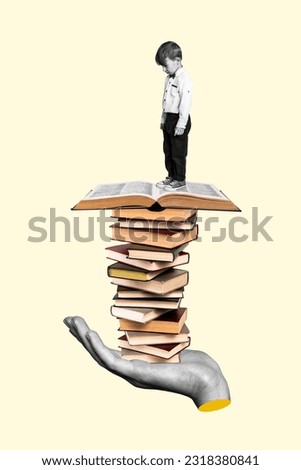 Vertical collage artwork of young little schoolboy upset reading books dont like literature hate education isolated on beige background