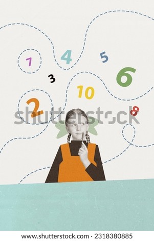Vertical collage image of black white effect minded kid hold pencil ponder contemplate numbers isolated on creative background