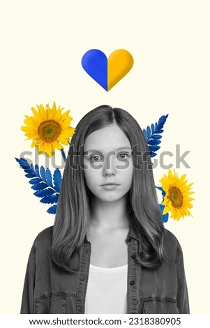 Vertical collage image of black white effect girl ukraine flag colors heart symbol sunflowers isolated on creative white background