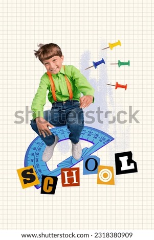 Vertical collage picture of cheerful mini boy sit huge school protractor isolated on painted checkered school copybook page background