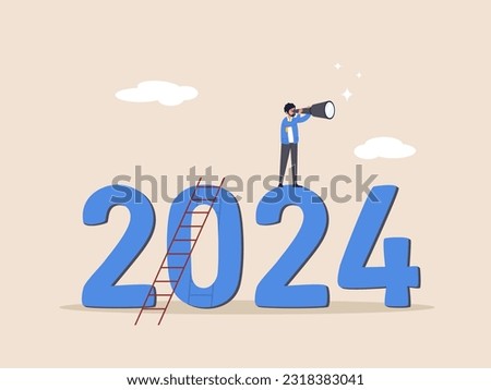 Year 2024 outlook. Year review or analysis concept. Economic forecast or future vision, business opportunity or challenge ahead, confidence businessman with binoculars climb up ladder on year 2024. Royalty-Free Stock Photo #2318383041
