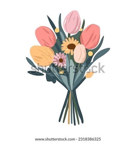 Vector flowers bouquet. Summer spring bouquet sticker isolated, woman flowers gift, tulips and daisies, vector illustration trendy flat design