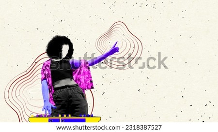 Young artistic woman, dj with dj station over light background. Disco party, night club. Contemporary art collage. Concept of music, festival, inspiration, art, fun, party, event, lifestyle