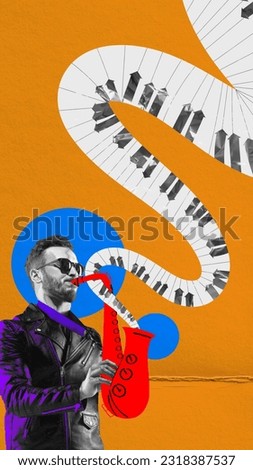 Young man, musician playing saxophone against abstract yellow background. Classical concert. Contemporary art collage. Concept of music, festival, inspiration, art, fun, party, event