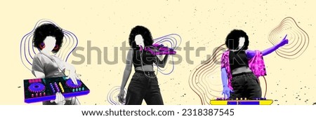 Young artistic woman, dj with dj station over light background. Disco party, night club. Contemporary art collage. Concept of music, festival, inspiration, art, fun, party, event. Banner