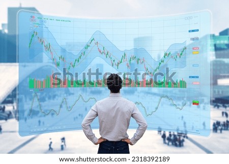 Stock exchange trading data and financial investment. Person using online trading interface with charts and statistics on VR computer screen to analyze ETF and ticker price evolution. Sell or buy. Royalty-Free Stock Photo #2318392189
