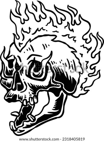 skull illustration with flaming punk fire head.