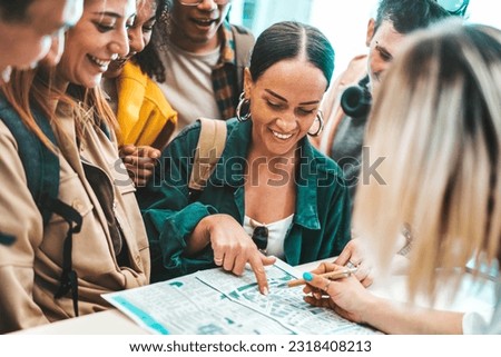 Group of young people doing check-in of youth hostel guest house - Happy tourists talking with receptionist at hotel lobby - Summer vacations and tourism concept Royalty-Free Stock Photo #2318408213