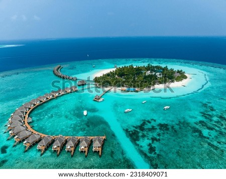 Aerial View, Maldives, North Malé Atoll, Indian Ocean, Thulhagiri Island Resort with Water Bungalows Royalty-Free Stock Photo #2318409071