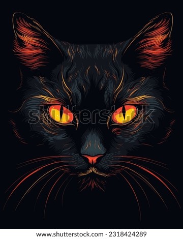 Black cat in darkness. Glowing eyes, vector illustration